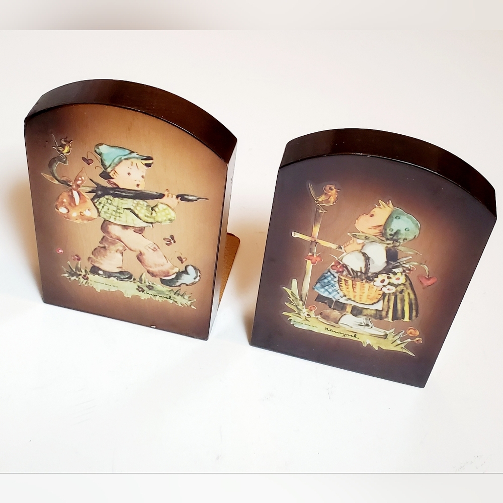 Vintage Schmid Bros 1973 Hummel Bookends Genuine Wood Carving Anri Of Italy